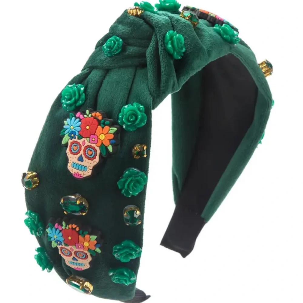 Green Sugar Skull Rhinestone Embellished Headband